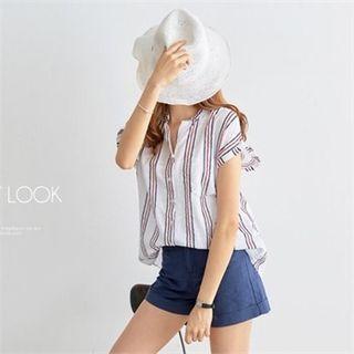 Cap-sleeve Striped Cotton Blouse