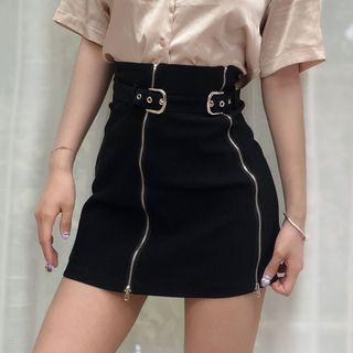 Belted Zipper Mini Skirt