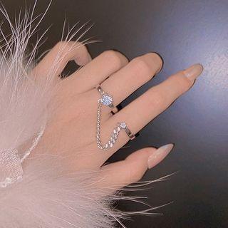 Rhinestone Chained Double Ring Silver - One Size