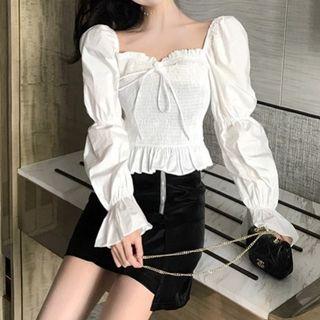 Set: Bow-accent Cropped Blouse + A-line Skirt