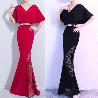 Cape-sleeve Sheath Evening Gown