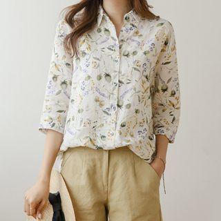 3/4-sleeve Linen Floral Shirt