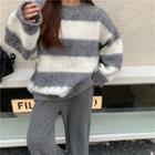 Long-sleeve Round Neck Two Tone Knit Sweater Gray - One Size