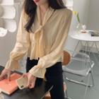 Tie Neck Bell-sleeve Plain Peplum Blouse As Shown In Figure - One Size