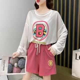Set: Lettering Long-sleeve T-shirt + Straight-cut Sweatshorts