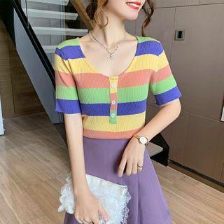 U Neckline Knit Striped Top