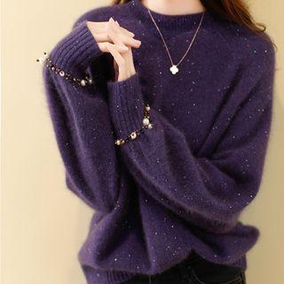Faux Pearl Trim Glitter Sweater