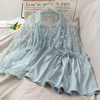 Set Of 3: Daisy-embroidered Mesh Shirt + Wide Shorts + Camisole