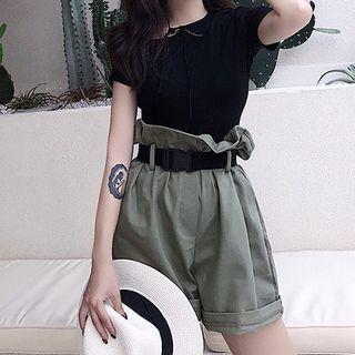 High-waist Wide-leg Shorts/black Short-sleeve T-shirt