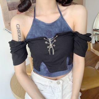 Mock Two-piece Cold-shoulder Chained T-shirt