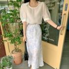 Puff-sleeve Plain Blouse / High-waist Floral Skirt