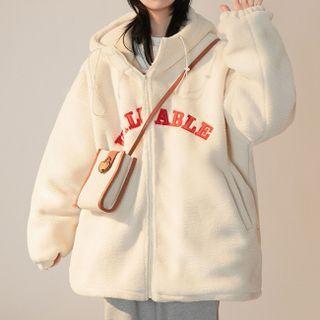 Lettering Embroidered Fleece Zip Hoodie