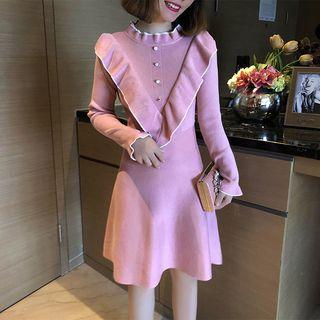 Long-sleeve Mock Neck Ruffle-trim A-line Knit Dress