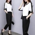 Set: Elbow-sleeve Two-tone Top + Cropped Harem Pants