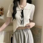 Short-sleeve Collar Lace-up Knit Top