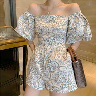 Puff-sleeve Off-shoulder Print Wide Leg Romper
