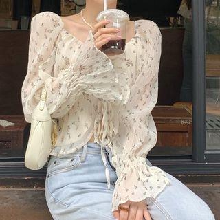 Tie-strap Floral Blouse Almond - One Size