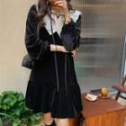 Long-sleeve Tie-neck Ruffled A-line Dress Black - One Size