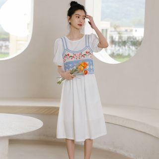 Puff-sleeve Plain Midi A-line Dress / Floral Embroidered Camisole Top