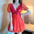 Short-sleeve Mesh Twist-front Mini A-line Dress
