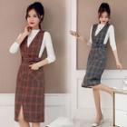 Set: Long-sleeve T-shirt + Plaid A-line Overall Dress