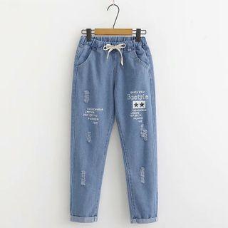 Distressed Lettering Print Straight-fit Jeans