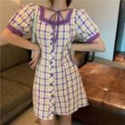 Puff-sleeve Plaid Button Square-neck Mini A-line Dress
