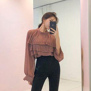 Pleated Floral Chiffon Blouse With Tie