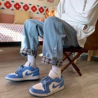 Gingham Hem Straight Leg Jeans