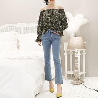 Off-shoulder Floral Print Top Green - One Size