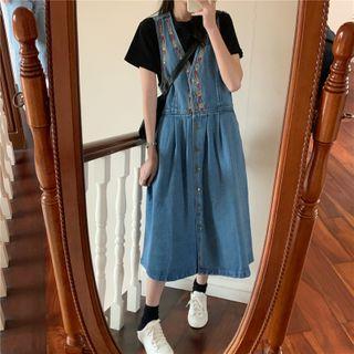 Floral Embroidered Single Breast Denim Jumper Dress