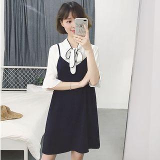 Contrast Trim Elbow Sleeve Knit Top / Spaghetti Strap Dress
