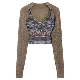 Set: Open Front Cardigan + Patterned Camisole Top