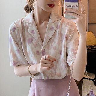 Short-sleeve V-neck Printed Blouse