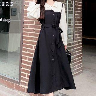 Mock Two-piece Puff-sleeve Asymmetrical Midi Dress