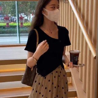 Short-sleeve Asymmetrical Blouse / Dotted A-line Midi Skirt