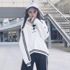 Long-sleeved Loose-fit Striped Strappy V-neck Hooded Sweatshirt