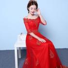 Embroidered Lace Off Shoulder Elbow Sleeve Evening Gown