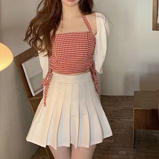 Halter Neck Plaid Top / Mini A-line Pleated Kirt