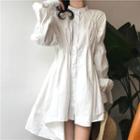 Puff-sleeve Band Collar Asymmetrical Shirt Dress White - One Size