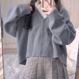 V-neck Knit Cardigan Grayish Blue - One Size