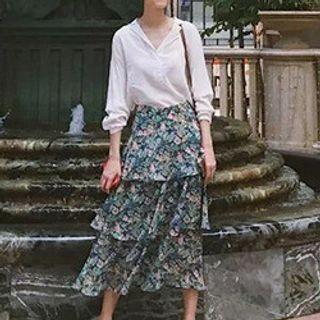 Set: Long-sleeve Open-collar Blouse + Floral Print Tiered Midi A-line Skirt