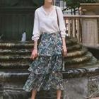 Set: Long-sleeve Open-collar Blouse + Floral Print Tiered Midi A-line Skirt