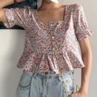 Short-sleeve Floral Ruffled Blouse As Shown In Figure - One Size