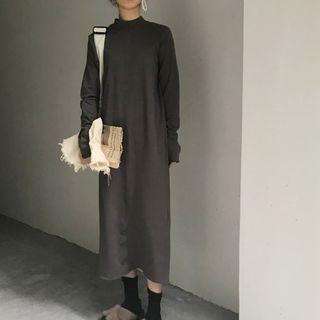 Long-sleeve Mock-neck Midi Shift Dress