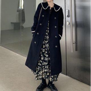Double Breasted Long Coat / Long-sleeve Floral Print Dress