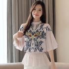 Butterfly Print Cold Shoulder Elbow-sleeve Chiffon Blouse