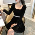 Long-sleeve Square Neck Mini A-line Velvet Dress