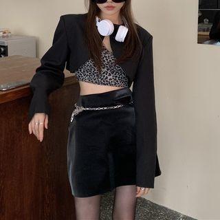 Cropped Blazer / Leopard Print Cropped Camisole Top / Mini A-line Skirt