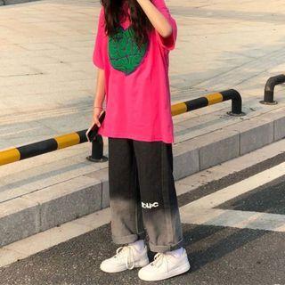 High-waist Washed Two Tone Embroider Straight-cut Jeans